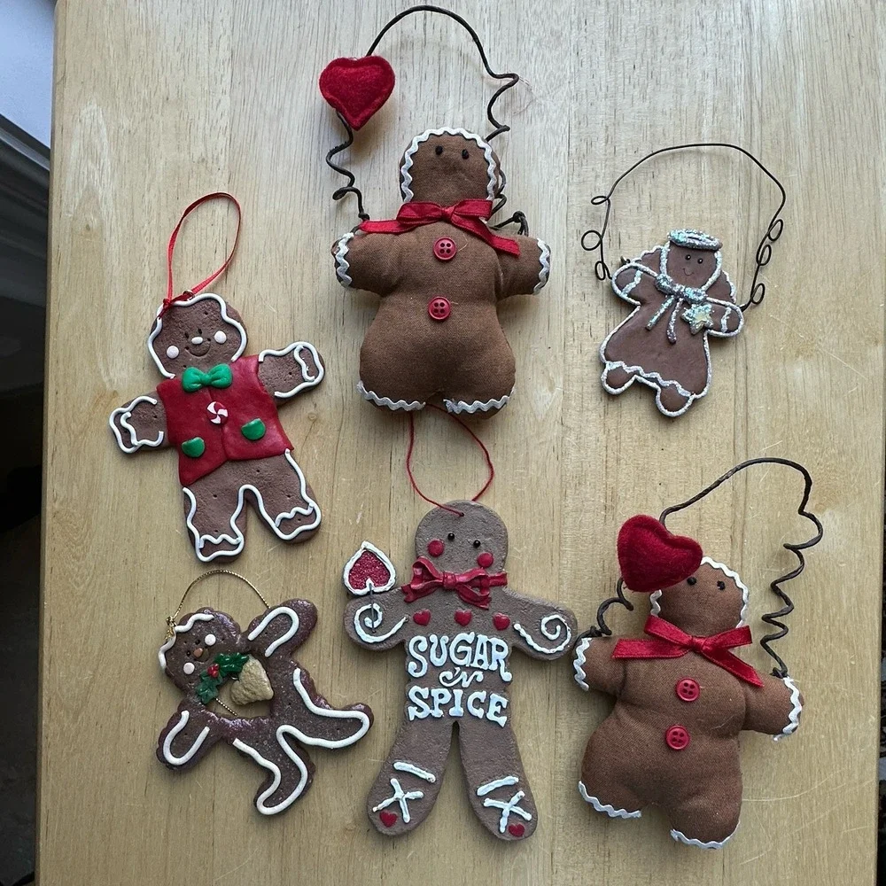 Vintage Gingerbread Man Boy Girl Christmas Tree Holiday Ornaments Lot Of 6